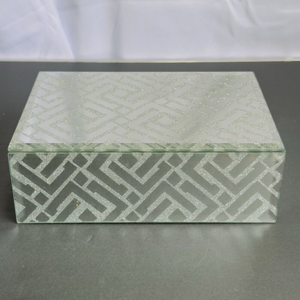 Jewelry Box Storehouse Mirrored Glass Design Trinket Black Velvet Lining Ribbon
